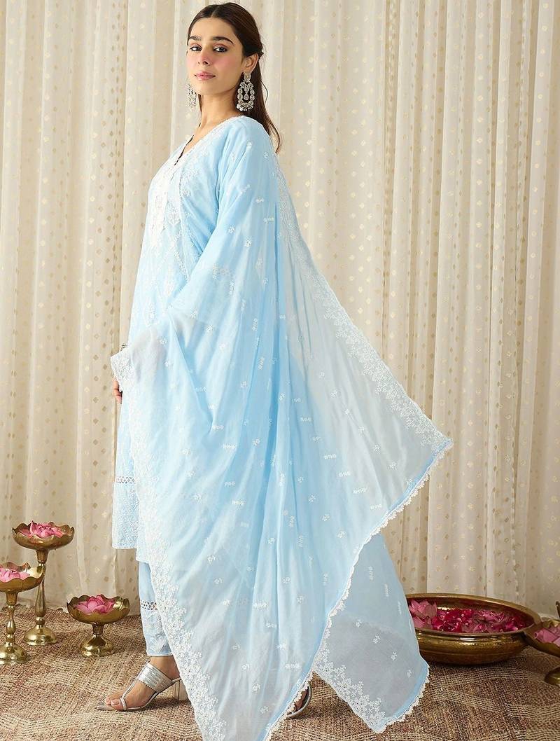 Women Ethnic Motifs Embroidered Regular Chikankari Pure Cotton Kurta with Trousers & With Dupatta