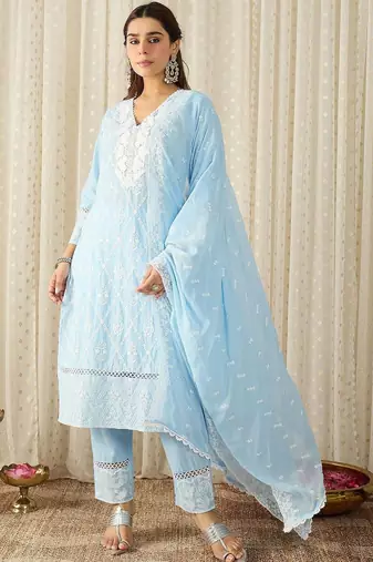 Women Ethnic Motifs Embroidered Regular Chikankari Pure Cotton Kurta with Trousers & With Dupatta