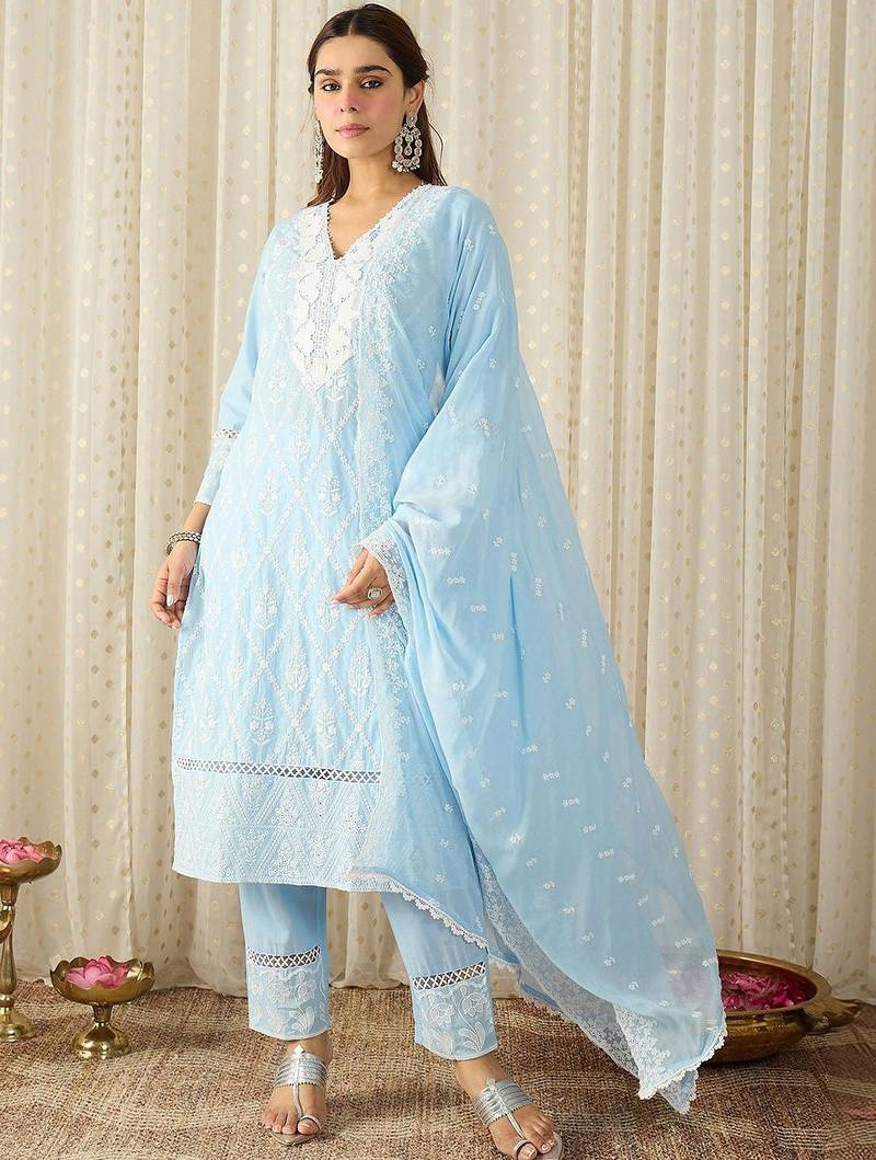 Women Ethnic Motifs Embroidered Regular Chikankari Pure Cotton Kurta with Trousers & With Dupatta