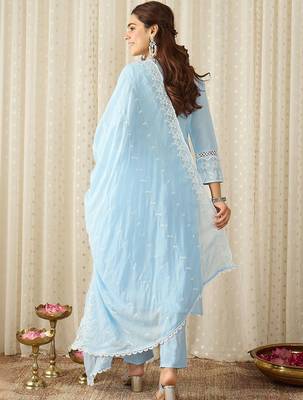 Women Ethnic Motifs Embroidered Regular Chikankari Pure Cotton Kurta with Trousers & With Dupatta 5