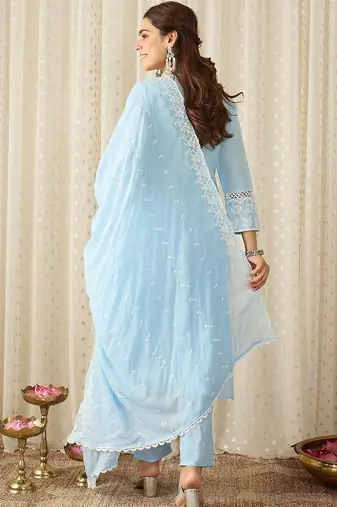 Women Ethnic Motifs Embroidered Regular Chikankari Pure Cotton Kurta with Trousers & With Dupatta