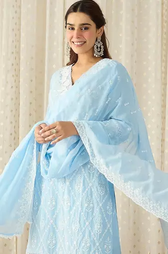 Women Ethnic Motifs Embroidered Regular Chikankari Pure Cotton Kurta with Trousers & With Dupatta