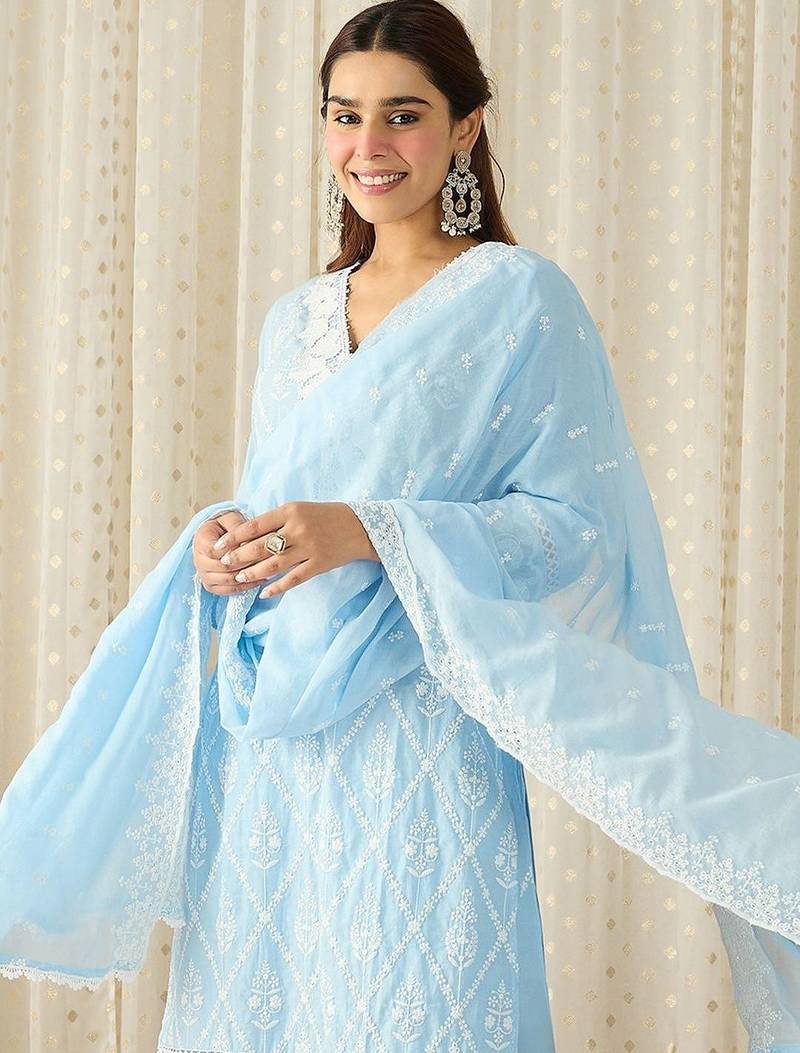 Women Ethnic Motifs Embroidered Regular Chikankari Pure Cotton Kurta with Trousers & With Dupatta