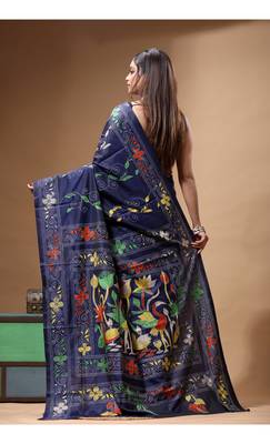 navy blue silk blend stitch saree with multicolor hand-embroidered floral pallu 3