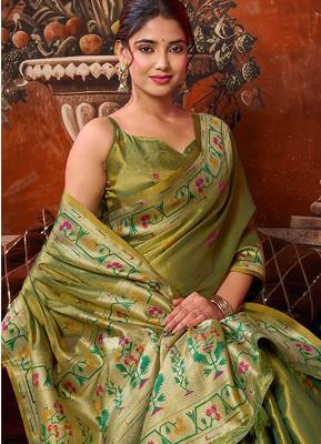 Olive green tissue silk blend saree with floral zari border 2