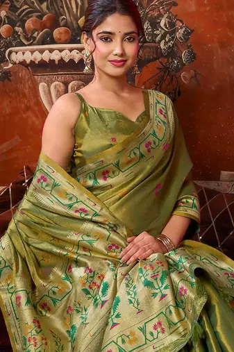 Olive green tissue silk blend saree with floral zari border