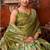 Olive green tissue silk blend saree with floral zari border