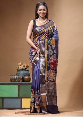elegant medium purple silk blend saree with multicolor hand-painted floral art & rich golden zari border 1