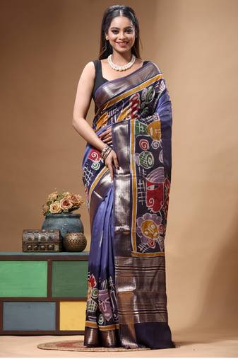 elegant medium purple silk blend saree with multicolor hand-painted floral art & rich golden zari border