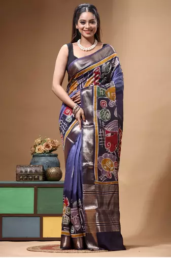 elegant medium purple silk blend saree with multicolor hand-painted floral art & rich golden zari border