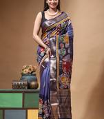 elegant medium purple silk blend saree with multicolor hand-painted floral art & rich golden zari border