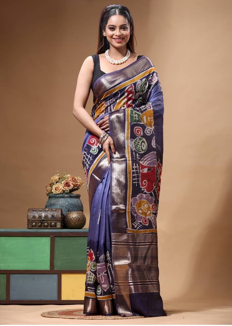 elegant medium purple silk blend saree with multicolor hand-painted floral art & rich golden zari border