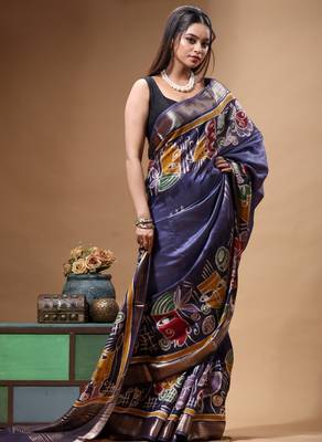 elegant medium purple silk blend saree with multicolor hand-painted floral art & rich golden zari border 2