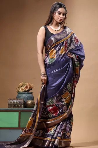 elegant medium purple silk blend saree with multicolor hand-painted floral art & rich golden zari border