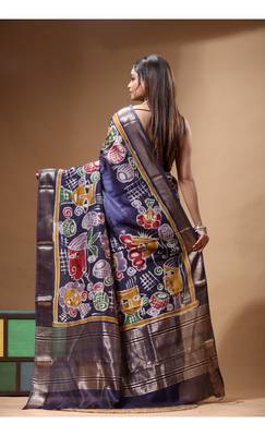elegant medium purple silk blend saree with multicolor hand-painted floral art & rich golden zari border 3