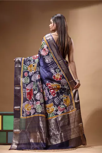 elegant medium purple silk blend saree with multicolor hand-painted floral art & rich golden zari border