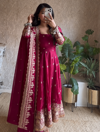 red color sequin embroidery silk blend gown set
