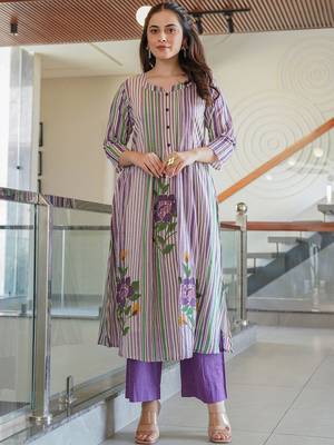 Floral Printed Notch Neck A Line Pure Cotton Kurta With Trousers 1