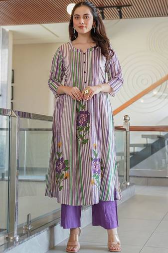 Floral Printed Notch Neck A Line Pure Cotton Kurta With Trousers