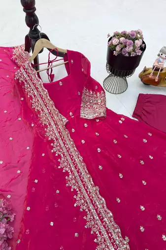 red color sequin embroidery silk blend gown set
