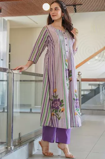 Floral Printed Notch Neck A Line Pure Cotton Kurta With Trousers