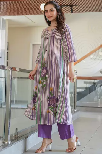 Floral Printed Notch Neck A Line Pure Cotton Kurta With Trousers