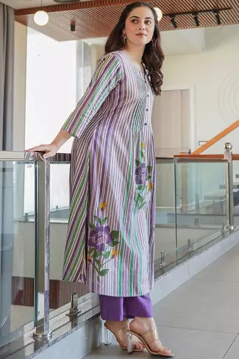 Floral Printed Notch Neck A Line Pure Cotton Kurta With Trousers