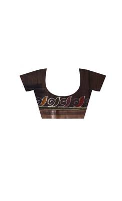 elegant black silk blend saree with hand-painted floral art & rich golden zari border 4
