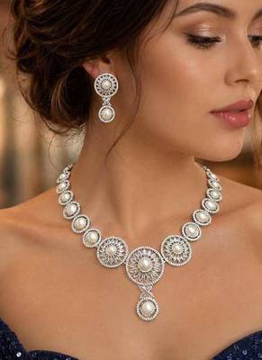 Pearl CZ Bridal Necklace Set, Silver Floral Statement Jewelry, Matching Earrings Bridesmaid Prom 1