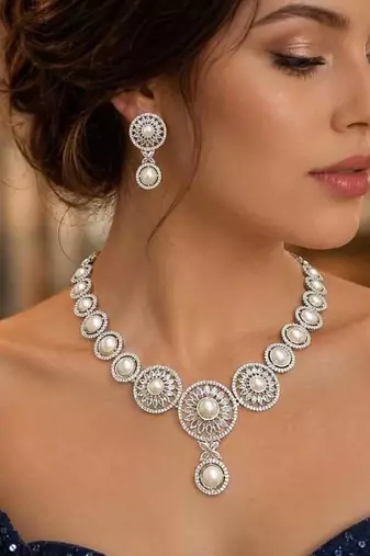 Pearl CZ Bridal Necklace Set, Silver Floral Statement Jewelry, Matching Earrings Bridesmaid Prom