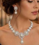 Pearl CZ Bridal Necklace Set, Silver Floral Statement Jewelry, Matching Earrings Bridesmaid Prom
