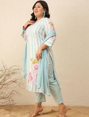 Plus Size Printed Regular Pure Cotton Kurta with Trousers & With Dupatta 1