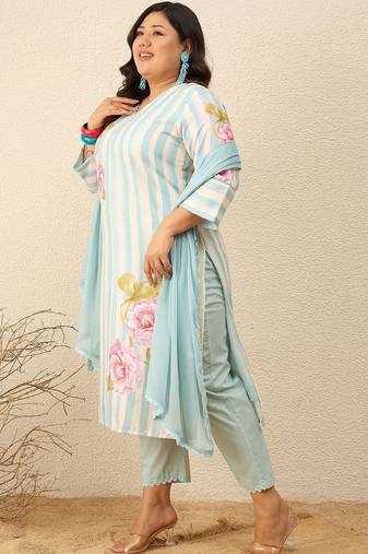 Plus Size Printed Regular Pure Cotton Kurta with Trousers & With Dupatta