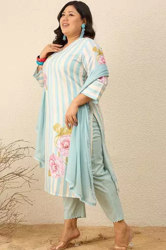 Plus Size Printed Regular Pure Cotton Kurta with Trousers & With Dupatta