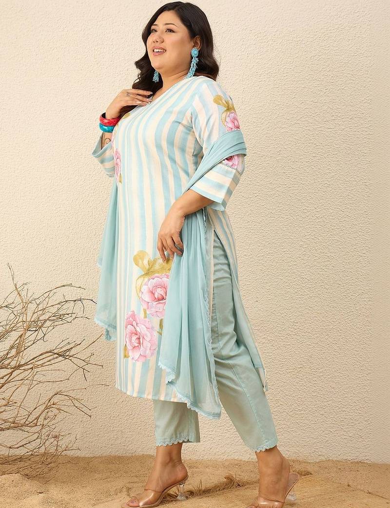 Plus Size Printed Regular Pure Cotton Kurta with Trousers & With Dupatta