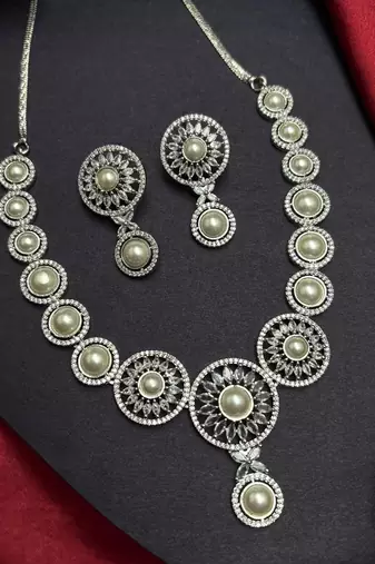 Pearl CZ Bridal Necklace Set, Silver Floral Statement Jewelry, Matching Earrings Bridesmaid Prom