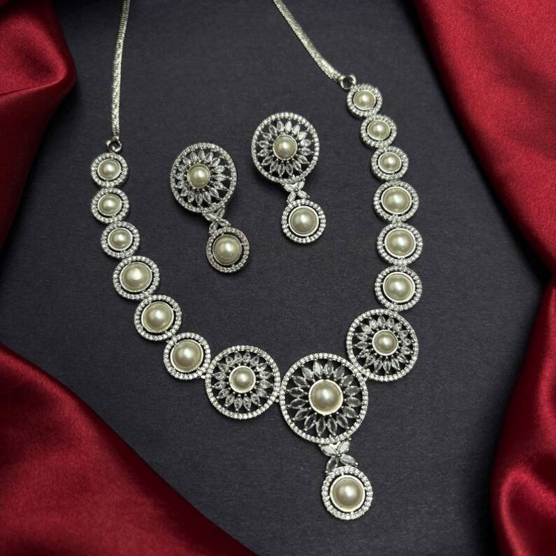 Pearl CZ Bridal Necklace Set, Silver Floral Statement Jewelry, Matching Earrings Bridesmaid Prom