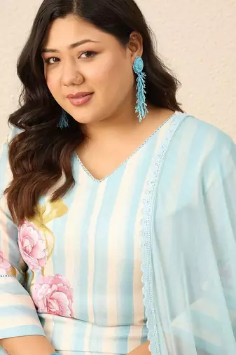 Plus Size Printed Regular Pure Cotton Kurta with Trousers & With Dupatta