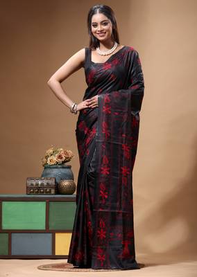 black silk blend stitch saree with red hand-embroidered floral pallu 1