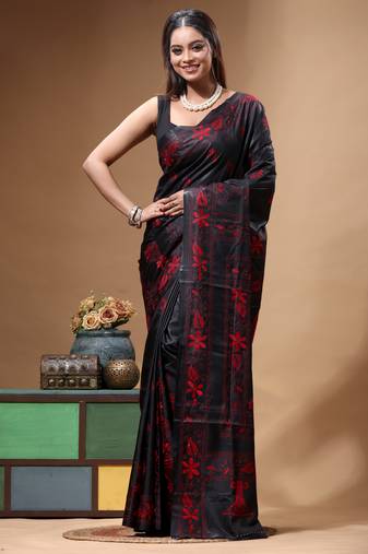 black silk blend stitch saree with red hand-embroidered floral pallu
