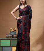 black silk blend stitch saree with red hand-embroidered floral pallu