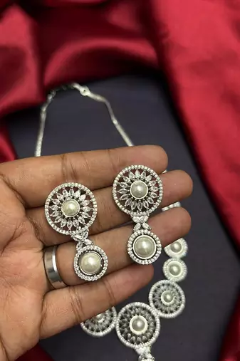 Pearl CZ Bridal Necklace Set, Silver Floral Statement Jewelry, Matching Earrings Bridesmaid Prom