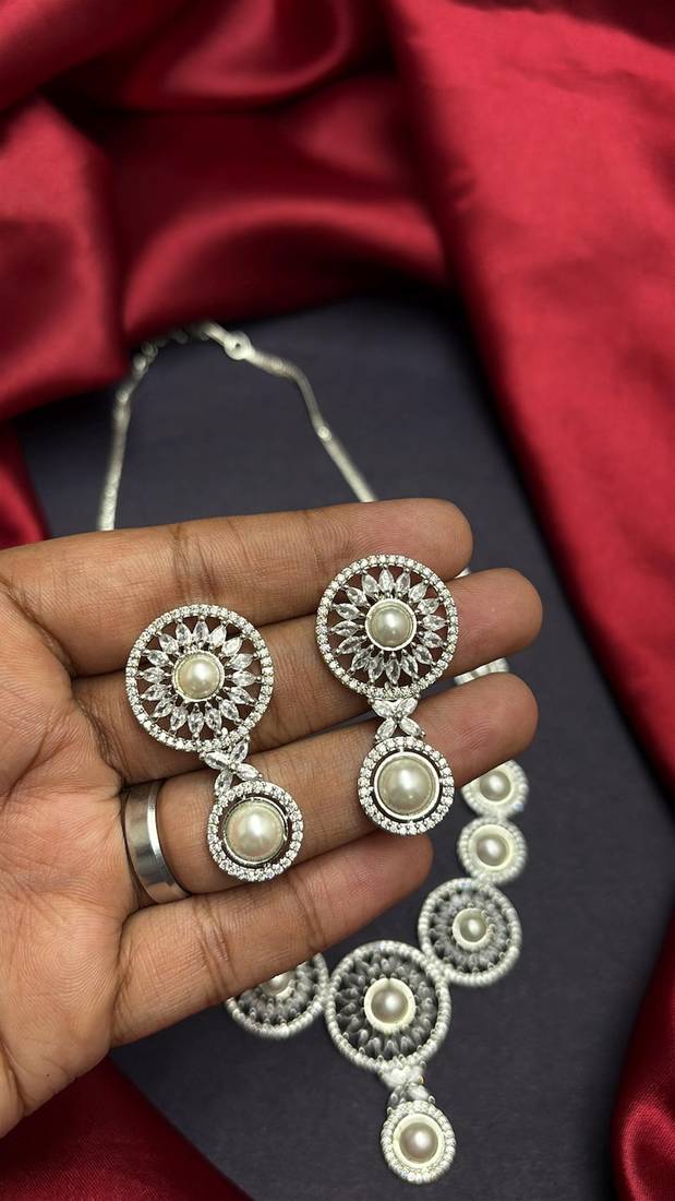 Pearl CZ Bridal Necklace Set, Silver Floral Statement Jewelry, Matching Earrings Bridesmaid Prom
