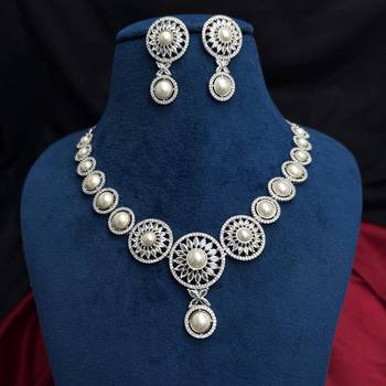 Pearl CZ Bridal Necklace Set, Silver Floral Statement Jewelry, Matching Earrings Bridesmaid Prom 4