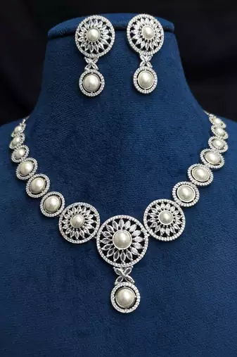 Pearl CZ Bridal Necklace Set, Silver Floral Statement Jewelry, Matching Earrings Bridesmaid Prom