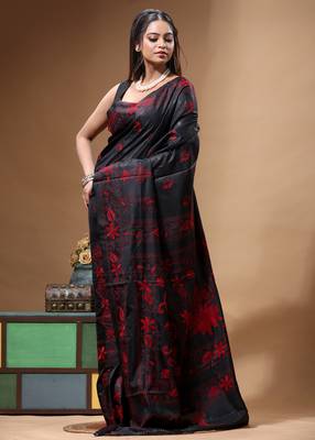 black silk blend stitch saree with red hand-embroidered floral pallu 2