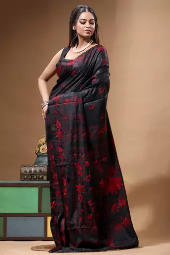 black silk blend stitch saree with red hand-embroidered floral pallu