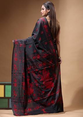black silk blend stitch saree with red hand-embroidered floral pallu 3