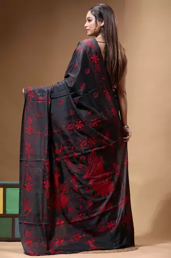 black silk blend stitch saree with red hand-embroidered floral pallu