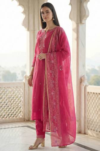 Women Ethnic Motifs Embroidered Regular Thread Work Kurta with Trousers & With Dupatta